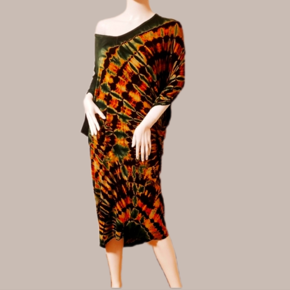 TIE DYE Rayon Spx Grn Brn Gld OTS Midi Dress O/S EUC